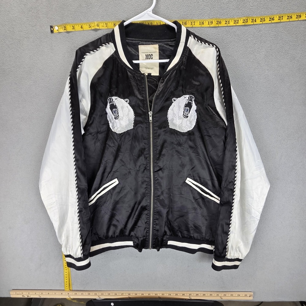 No Comment Jacket Mens XL Black White Bomber Embroidered Full Zip Bear